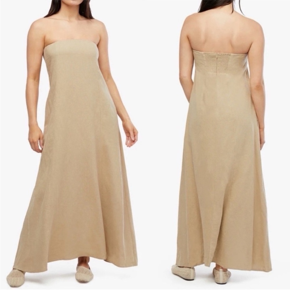 WeWoreWhat Revolve Tan Linen Blend A-Line Midi Strapless in SAFARI Pockets! Med - Picture 3 of 16